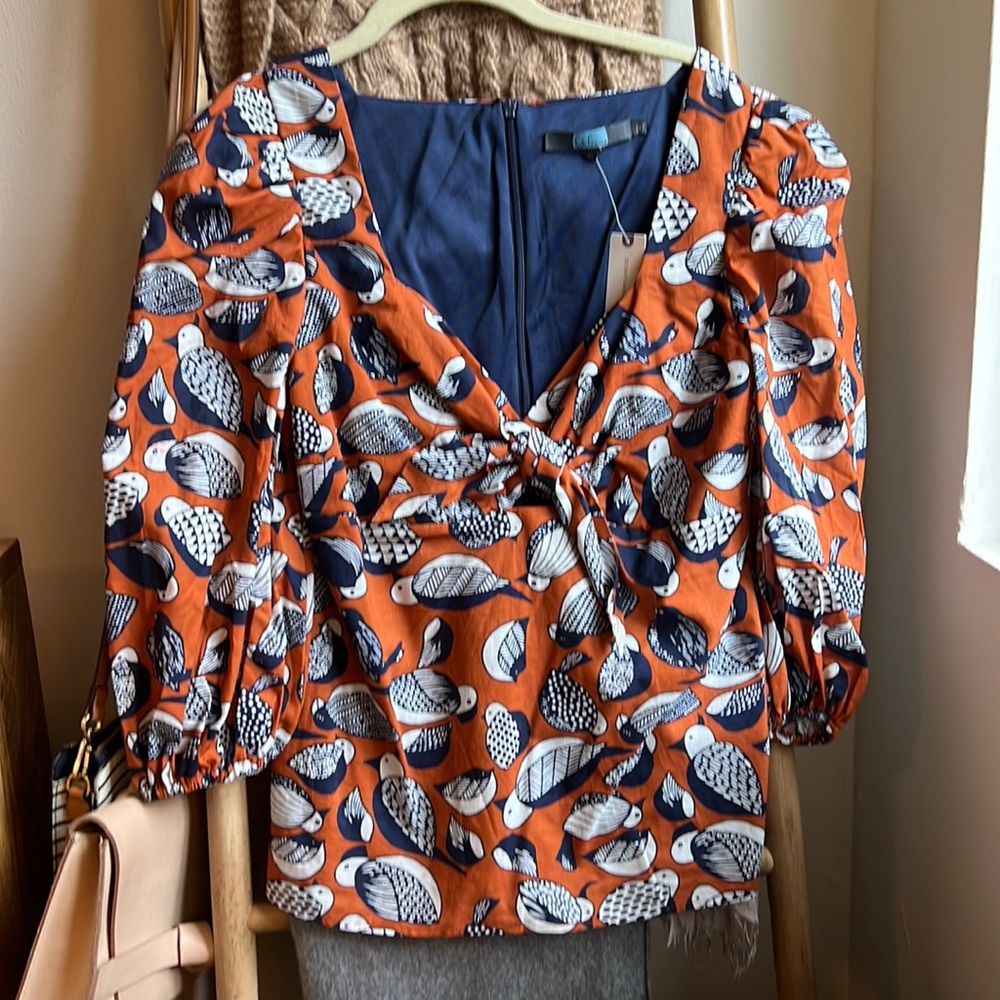 Eva Franco Anthropologie Tropical Bird Sweetheart Blouse Brown Size 10 NWT $178